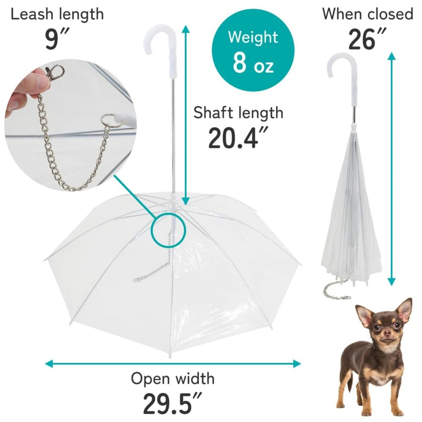 Dog Umbrella with Metal Chain, Suitable for Small Teddy Dogs and Bichon Frize, Foldable Pet Dog Umbrella, with Traction Rope Chain, Adjustable Handle and Assembled Raincoat, Suitable for Dog Walking and Rainproof in the Snow,