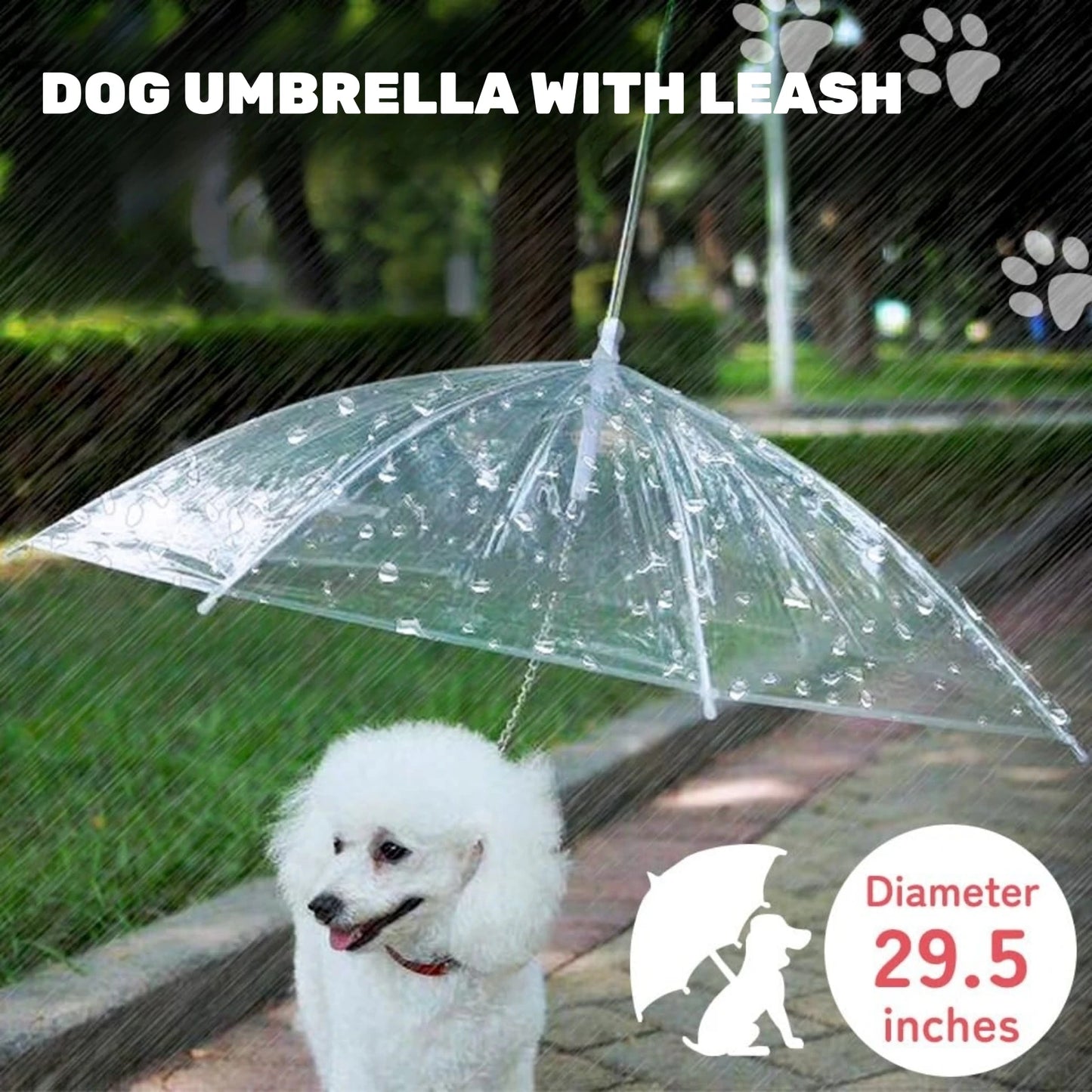 Dog Umbrella with Metal Chain, Suitable for Small Teddy Dogs and Bichon Frize, Foldable Pet Dog Umbrella, with Traction Rope Chain, Adjustable Handle and Assembled Raincoat, Suitable for Dog Walking and Rainproof in the Snow,