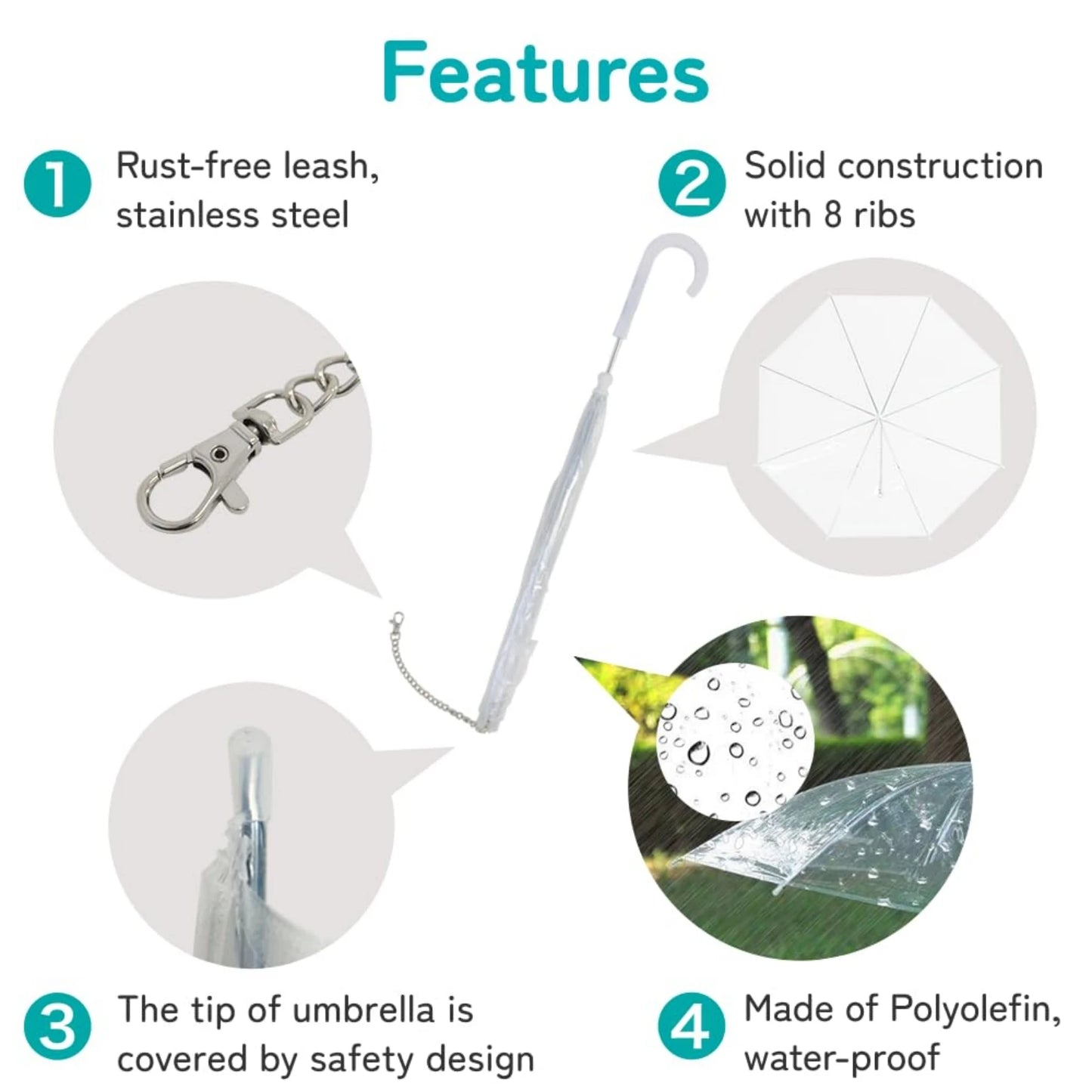 Dog Umbrella with Metal Chain, Suitable for Small Teddy Dogs and Bichon Frize, Foldable Pet Dog Umbrella, with Traction Rope Chain, Adjustable Handle and Assembled Raincoat, Suitable for Dog Walking and Rainproof in the Snow,