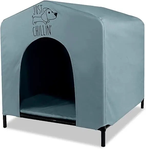 Just Chillin’ Portable Dog House. Elevated Pet Shelter for Indoor and Outdoor Use. Made of Water Resistant Breathable Oxford Fa