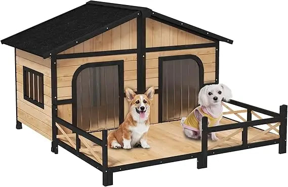 Wooden Large Dog House Outdoor Double XL Dog Kennel with Elevated Floor and Porch, Weatherproof Puppy Shelter for Small and Med