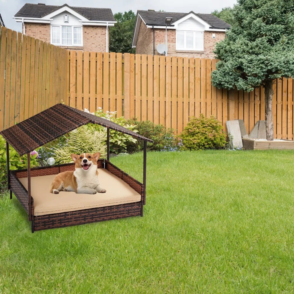 Elevated Rattan Dog Bed with Canopy and Washable Cushion Cover,for Small Medium Dogs Cats, Indoor Outdoor Raised Pet House