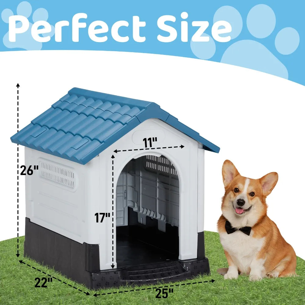 26 inch Plastic Dog House,with Air Vents and Elevated Floor, Insulated Water Resistant Puppy Shelter Kennel Doghouse Pet House