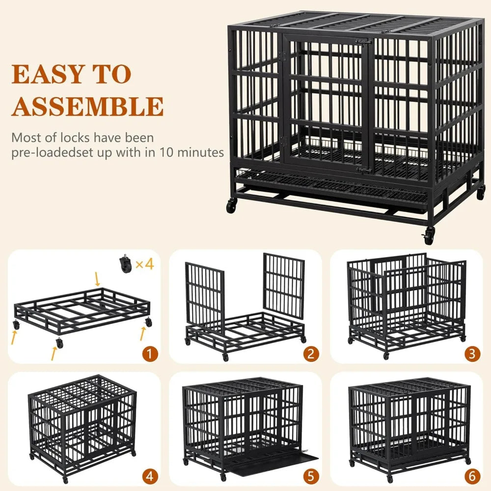 48/38 "Heavy Duty Indestructible Dog Cage Double Door Escape Cage Kennel, Reinforced Metal Pet Cage, Oversized XL XXL Dog Cage