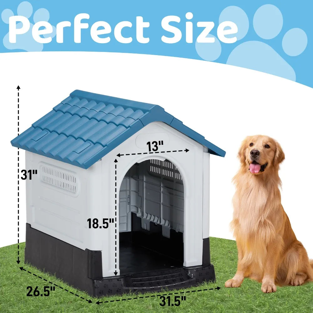 26 inch Plastic Dog House,with Air Vents and Elevated Floor, Insulated Water Resistant Puppy Shelter Kennel Doghouse Pet House