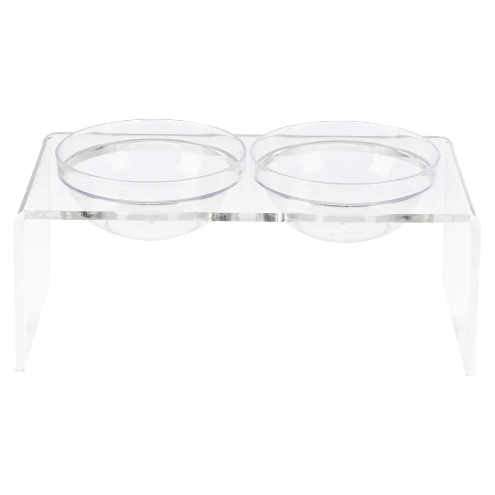Elevated Dog Cat Bowls Set Acrylic Stand 7.1in Tall Four Bowls Included Easy Clean Modern Design Stable Feeding Station