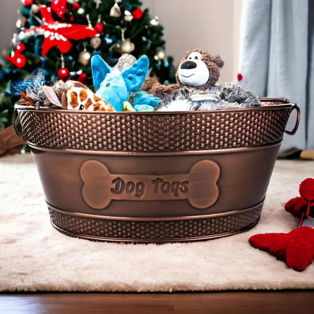 Indestructible Metal Dog Toy Bin - Copper Galvanized Storage Bin with Handles, Dog Toy Box for Dog Chew Toys