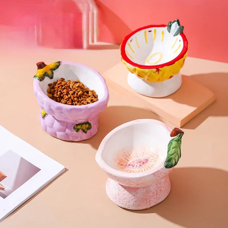 Food Bowl Foot Protection Fruit Food Ceramic Cat Cat Cat Hand-painted Mouth Series Neck Oblique Bowl Pet Bowl High