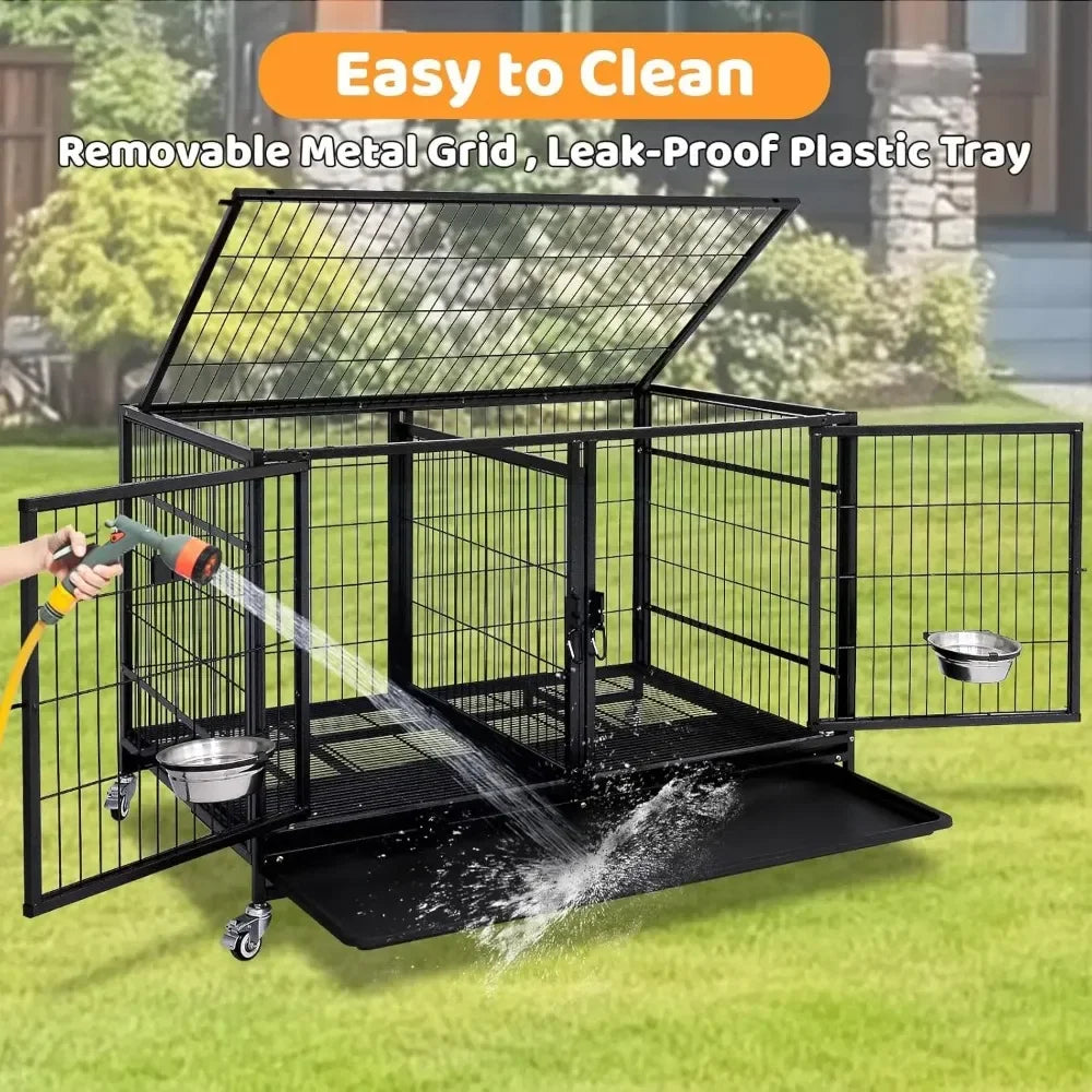 43 Inch Metal Open Top Stackable Heavy Duty Dog Cage Kennel with Three Door, Metal Floor Grid, Tray, Wheels, Divider and Feeding