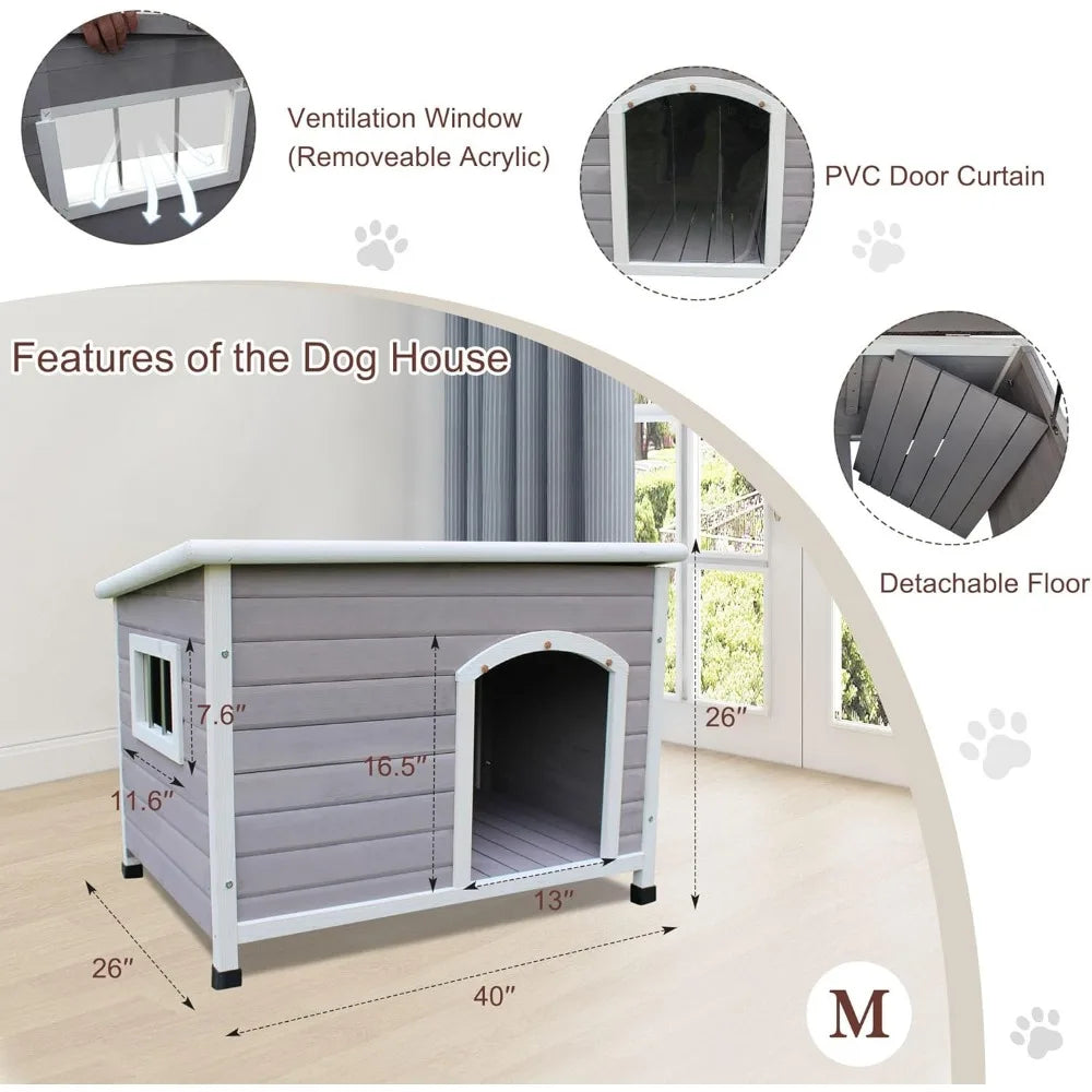 40" Wooden Outdoor Dog Houses, Waterproof Dog House Outside with Window & Door Flap Waterproof Dog House Outdoor Indoor, Assembl