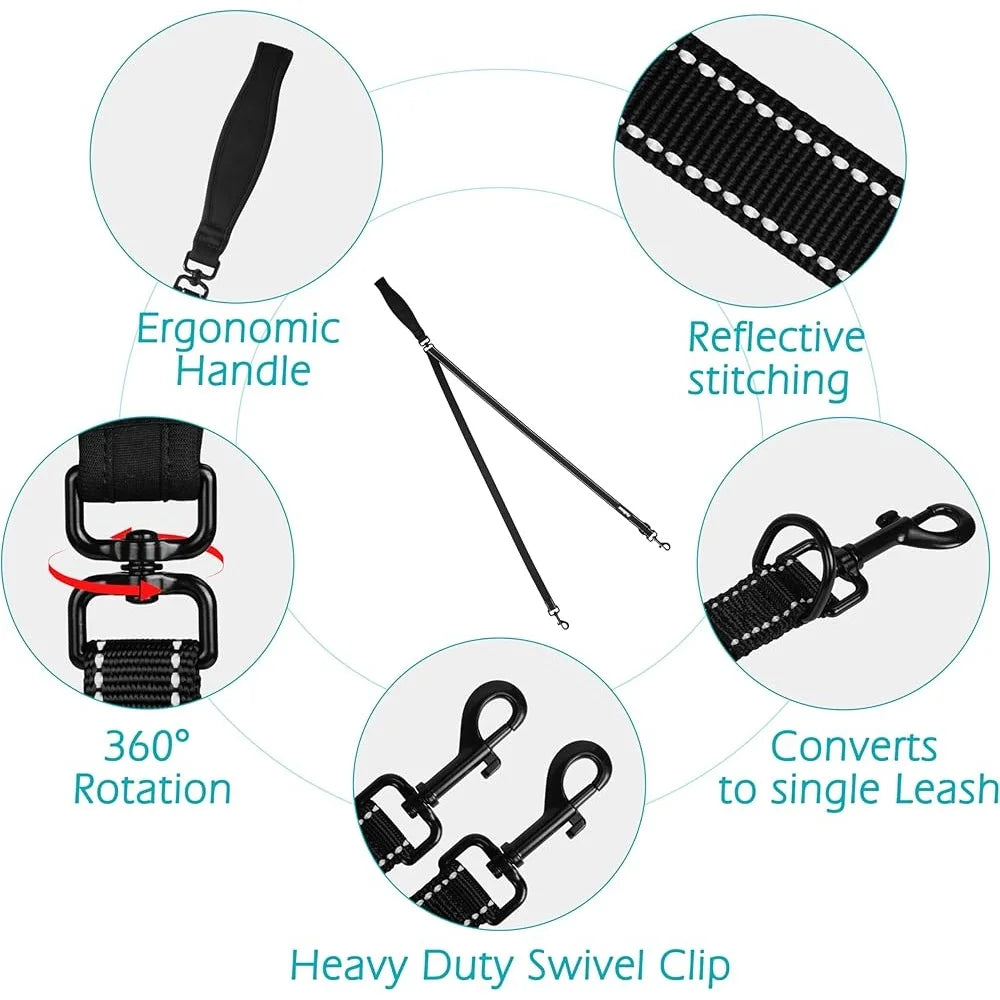 Reflective Two Point Control Dog Leash No Pull Training Lead Soft Padded Handle Comfortable Walking Harness Compatible