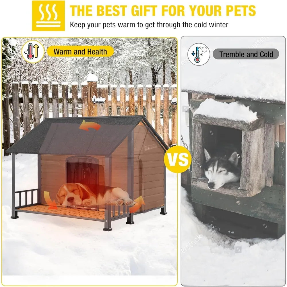 Dog House Outdoor Insulated Large Puppy Kennel with Metal Frame 47.2" L for Medium to Large Dogs Weatherproof with Removable Fl