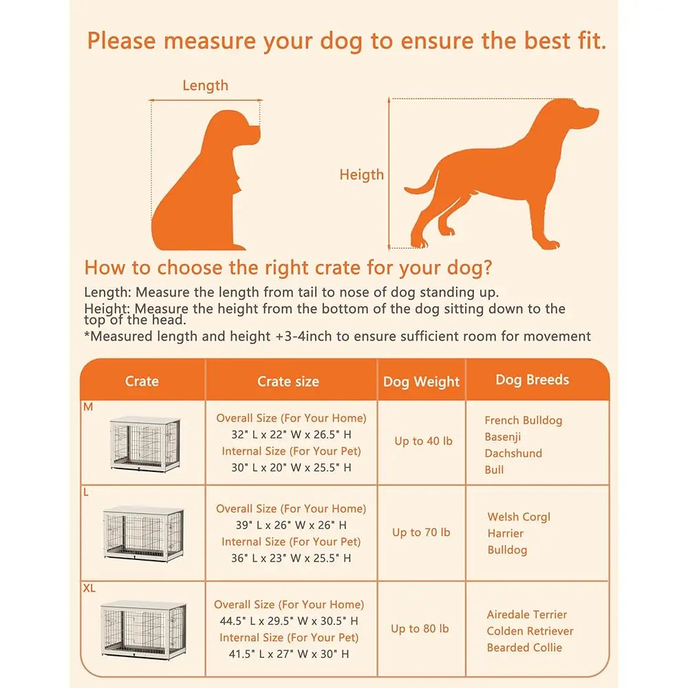Wooden Dog Crate Furniture With Divider Panel, Dog Crate End Table With Fixable Slide Tray, Double Doors Dog Kennel Indoor For