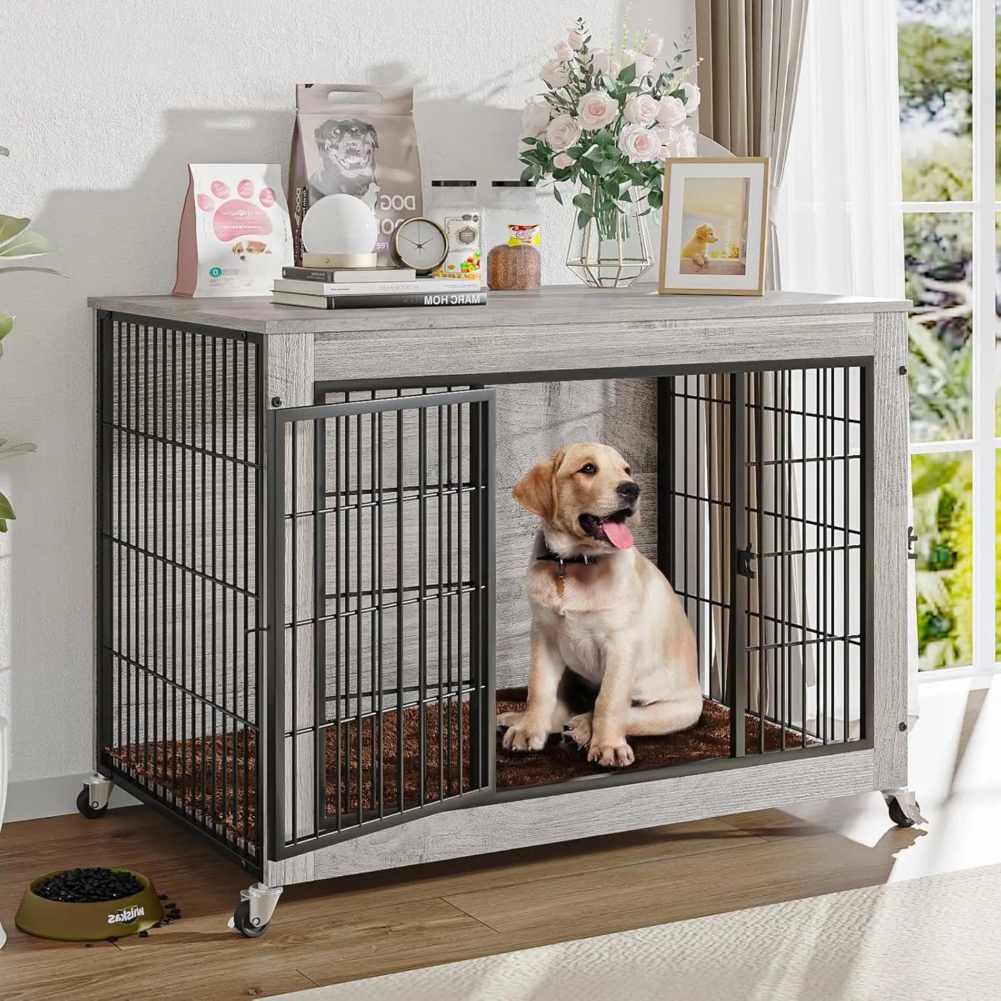 32 Inch Dog Crate Furniture with Cushion, Wooden Double Doors Kennel Cage Indoor with Wheels, Pet House Decorative Side