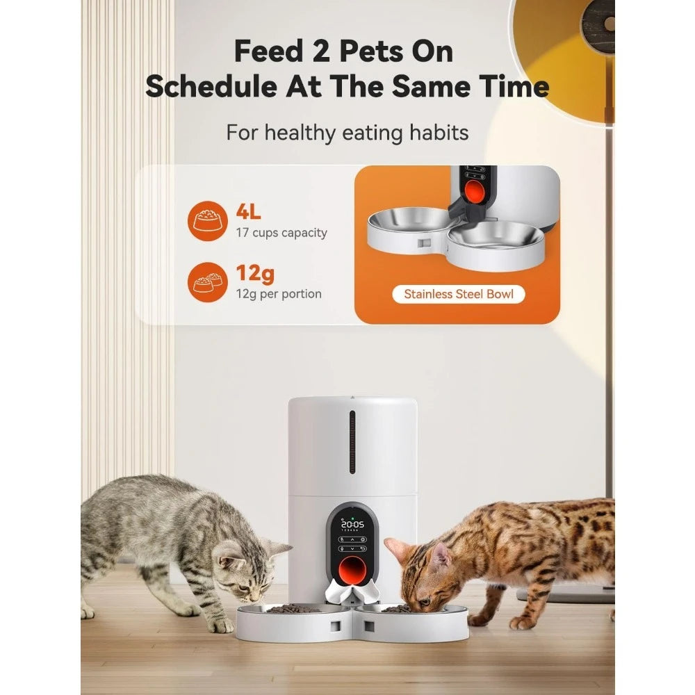 Dual Power Supply Auto Pet Feeder for Cats and Dogs ,Timed Cat Feeder with Stainless Steel Bowl, Programmable 1-6 Meals Control