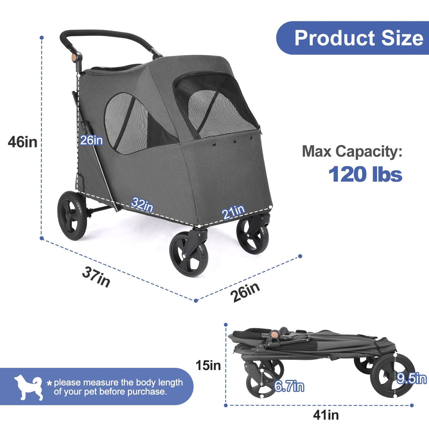 Pet Stroller Universal Wheel Ventilated Oxford Fabric for Medium Size Dogs Two Front Wheels Rotate 360° , Safety