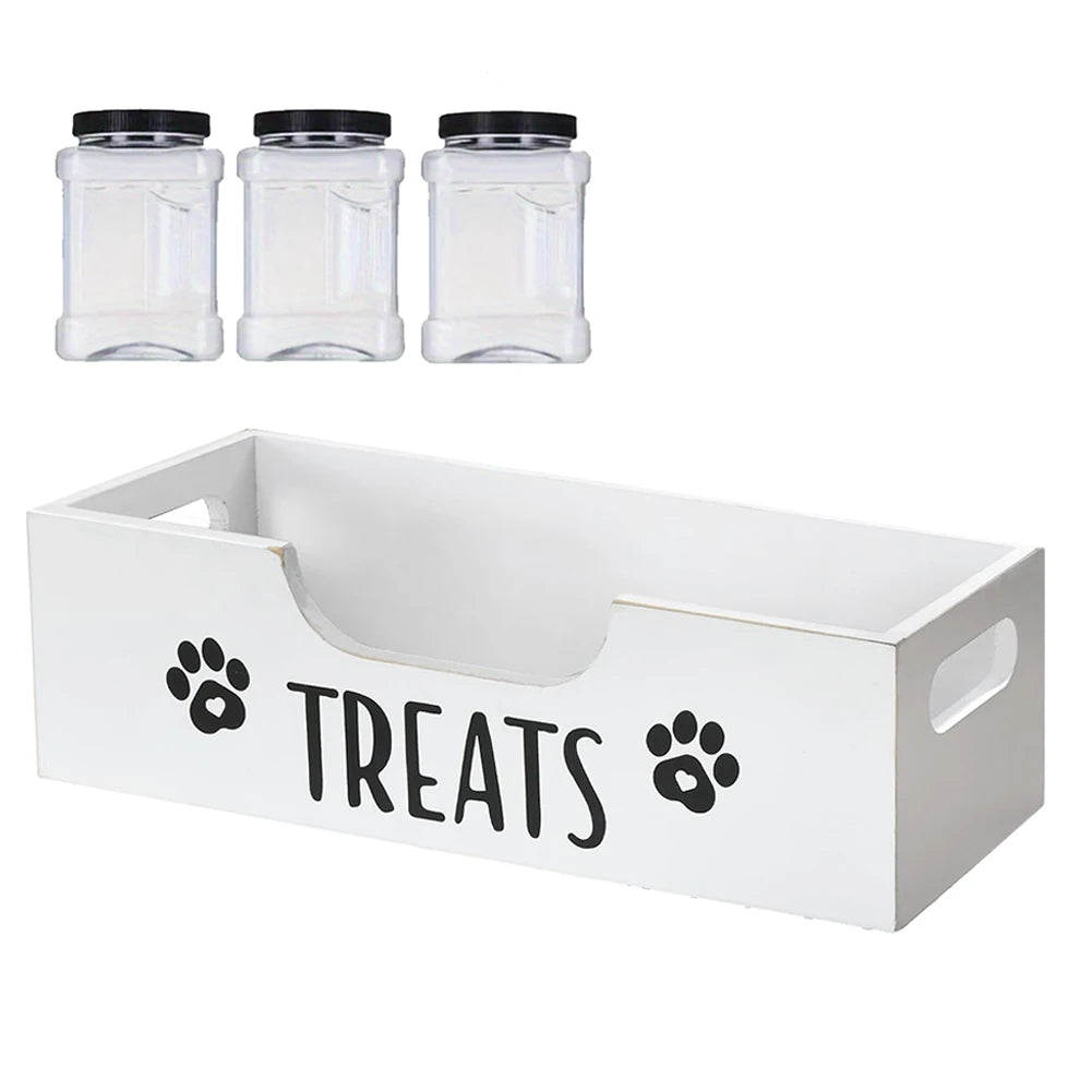 Wooden Pet Snack Storage Box with 3 Plastic Treat Jar Dog Treat Container Airtight Dog Treat Bin for Pet Gift Supply Accessories
