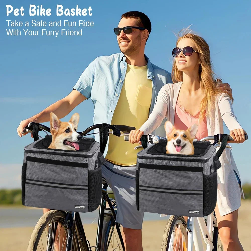 Dog Bike Basket, Expandable Soft Sided Pet Carrier Backpack with 4 Open Doors, Foldable Dog Bike Carrier