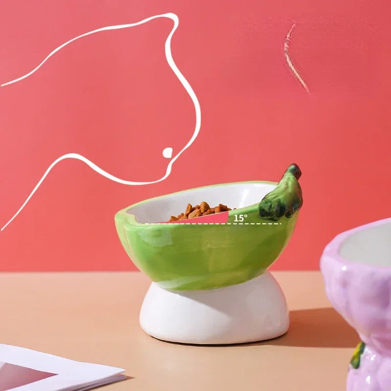 Food Bowl Foot Protection Fruit Food Ceramic Cat Cat Cat Hand-painted Mouth Series Neck Oblique Bowl Pet Bowl High