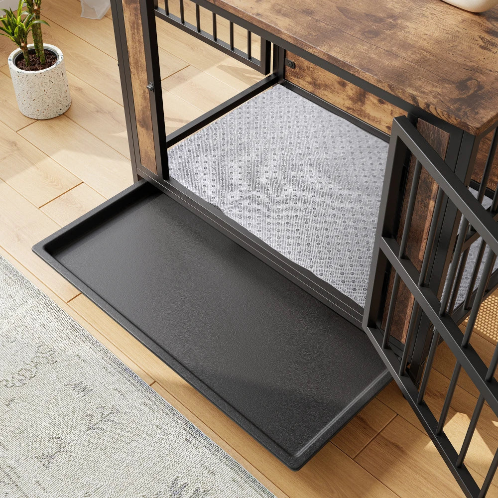 Dog Crate Furniture, Wooden Dog Crate Table, 32.8" Dog Kennel with 2 Sliding Doors and Thick Iron Door Frame, Decorative Pet