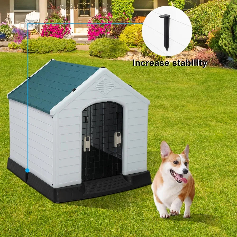 Plastic Dog House, Pet Dog Kennel Water Resistant for Small Medium Sized Dogs with Door, Indoor & Outdoor Use (32.7" H)