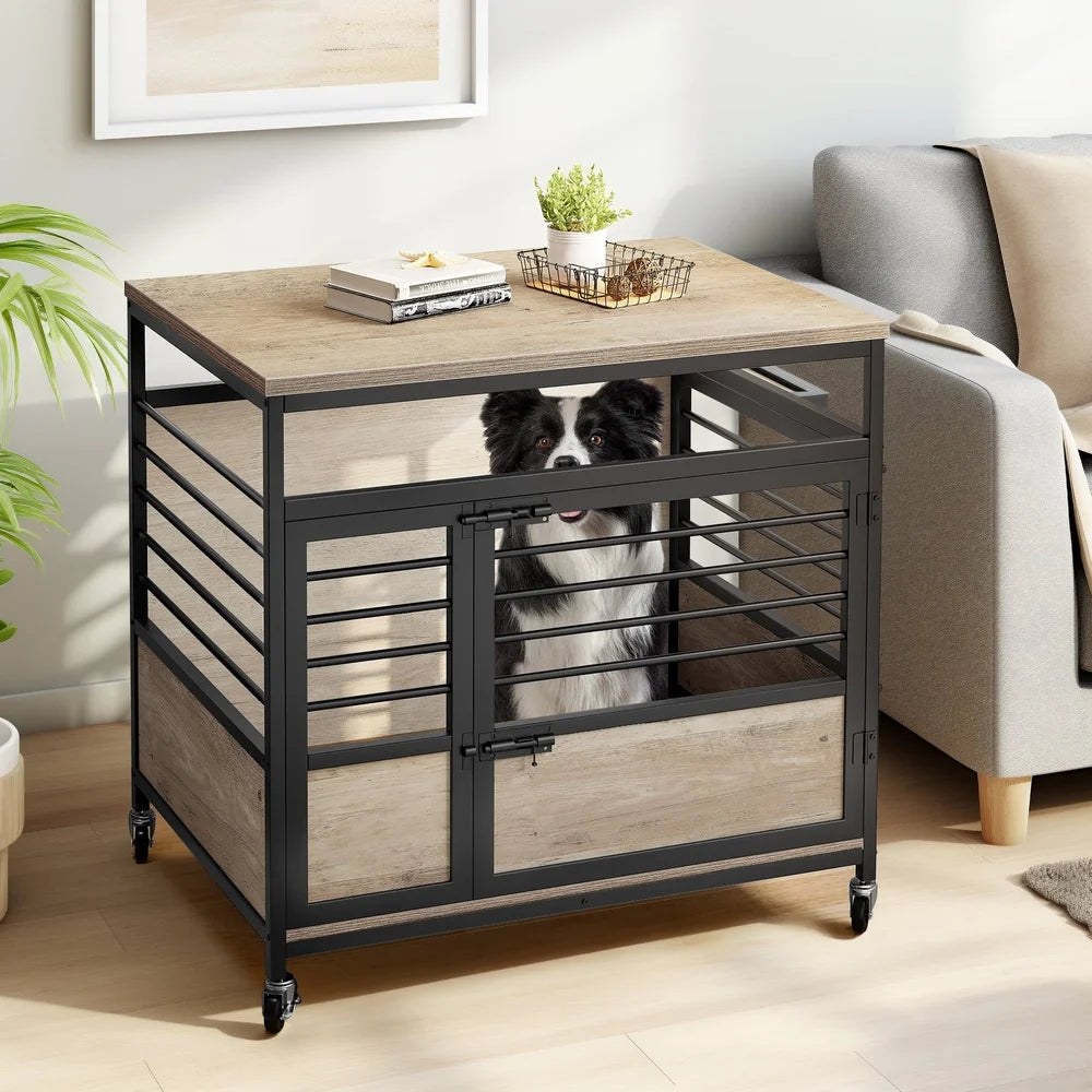 Large Wooden Dog Crate Furniture Two Door Heavy Duty Dog Kennel with Wheels Indoor Portable Pet House