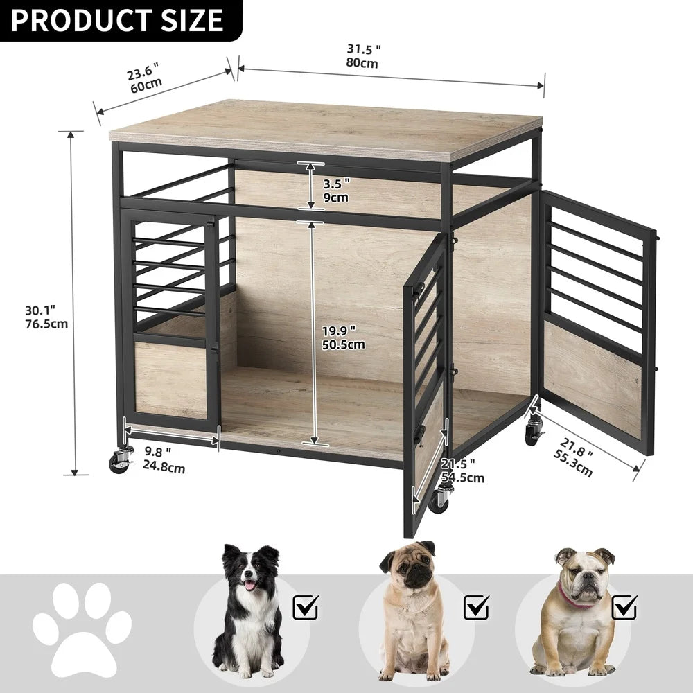 Large Wooden Dog Crate Furniture Two Door Heavy Duty Dog Kennel with Wheels Indoor Portable Pet House