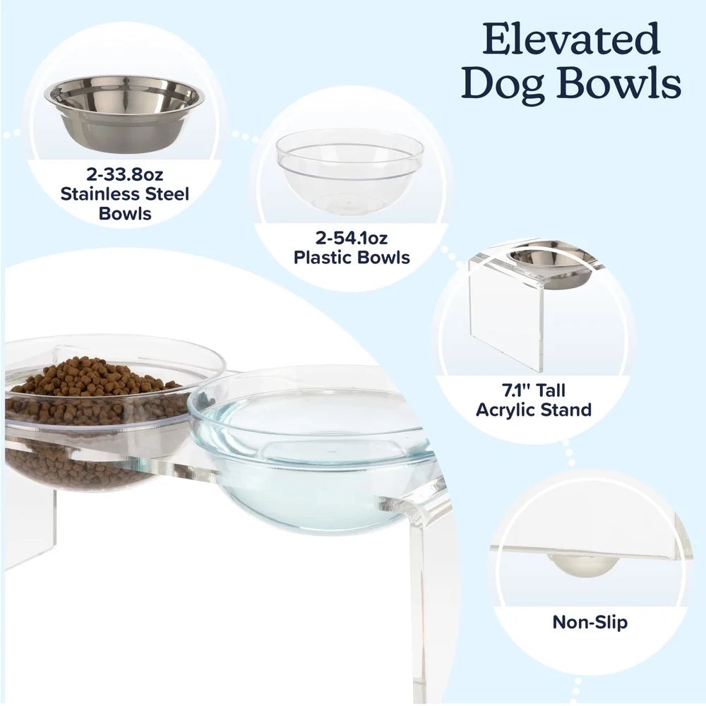 Elevated Dog Cat Bowls Set Acrylic Stand 7.1in Tall Four Bowls Included Easy Clean Modern Design Stable Feeding Station