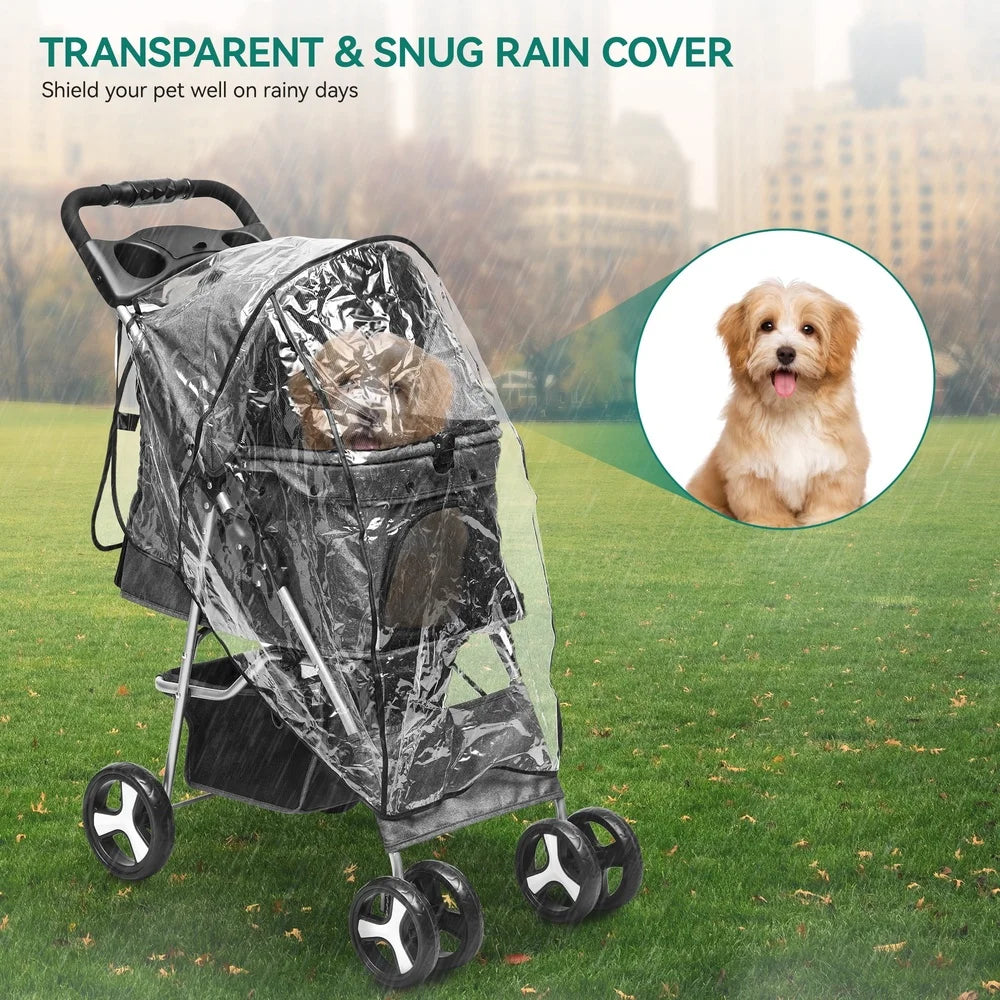 Foldable Pet Stroller Small Medium Dogs Cats 360° Rotating Wheels with Storage Cup Holders Safety Belts Rain Cover