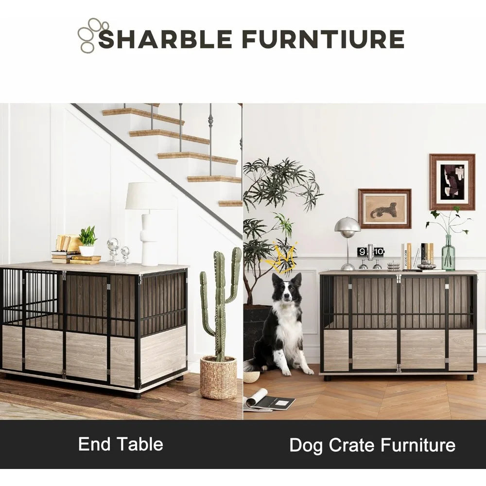 Dog Crate Furniture, 46" Wooden Dog Kennel Furniture, Dog Crate Table with Double Doors for Small To Large, Walnut Wood Finish