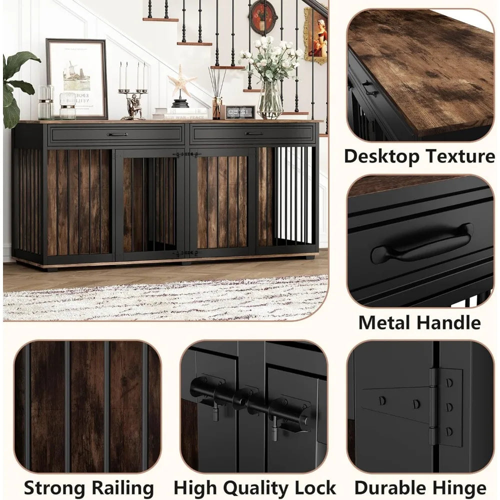 Large Dog Crate Furniture for 2 Dogs, 72.5" Indoor Heavy Duty Wooden Large Dog Kennel with Drawers & Divider, Indoor Furniture