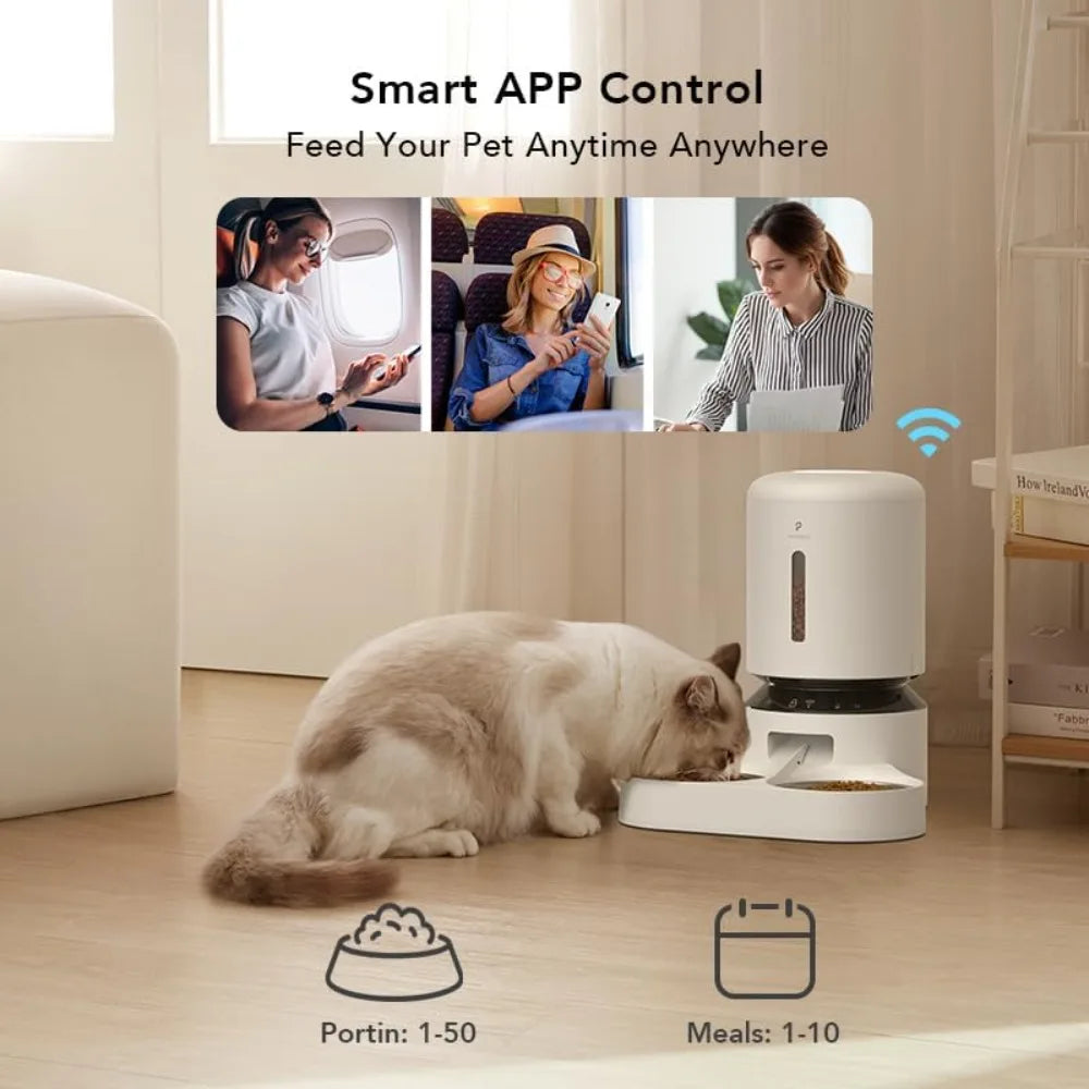 Automatic Cat Feeder, 5G WiFi Pet Feeder for Two Cats or Dogs with Remote Control, 5L Cat Food Dispenser with Low Food Sensor