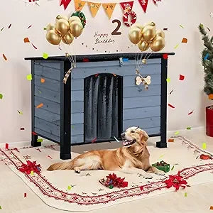 Outdoor Dog House, 55” Extra Large Wooden Dog House with Anti Bite Iron Frame Weatherproof Finish Outside Paw Print Dog House fo