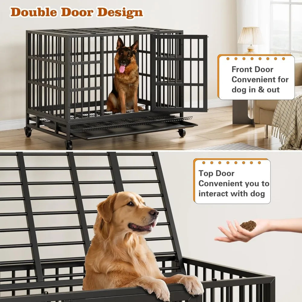 48/38 "Heavy Duty Indestructible Dog Cage Double Door Escape Cage Kennel, Reinforced Metal Pet Cage, Oversized XL XXL Dog Cage