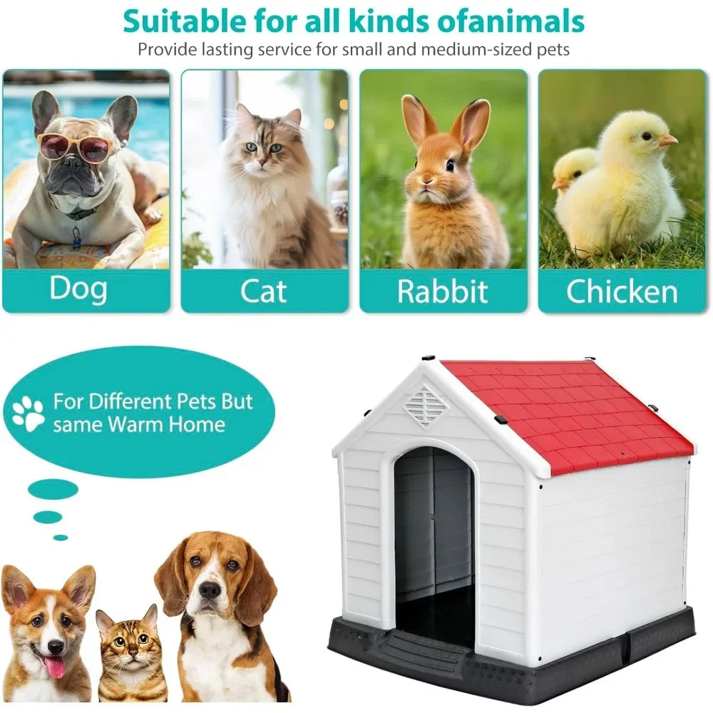 Large Plastic Dog House - Waterproof Dog Kennel with Air Vents and Elevated Floor All Weather Indoor Outdoor Insulated Doghouse