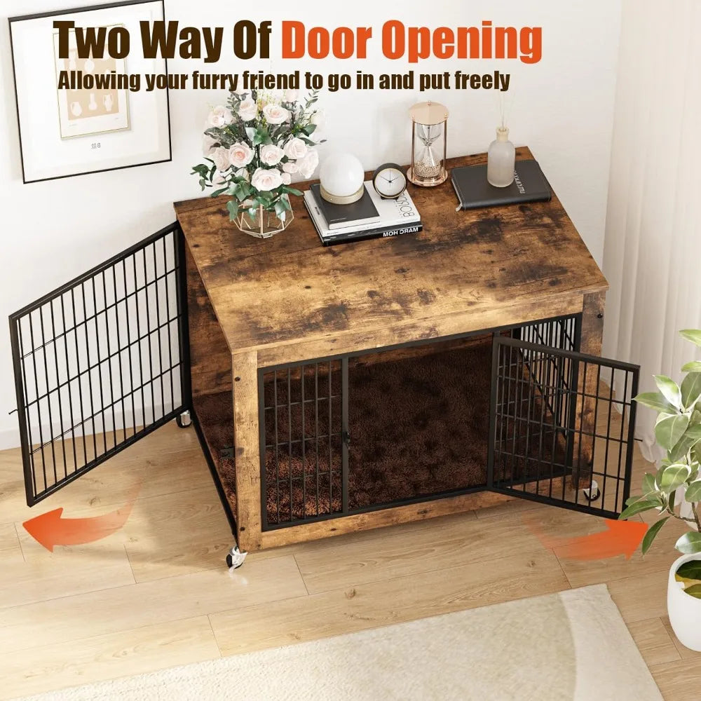 32 Inch Dog Crate Furniture with Cushion, Wooden Double Doors Kennel Cage Indoor with Wheels, Pet House Decorative Side
