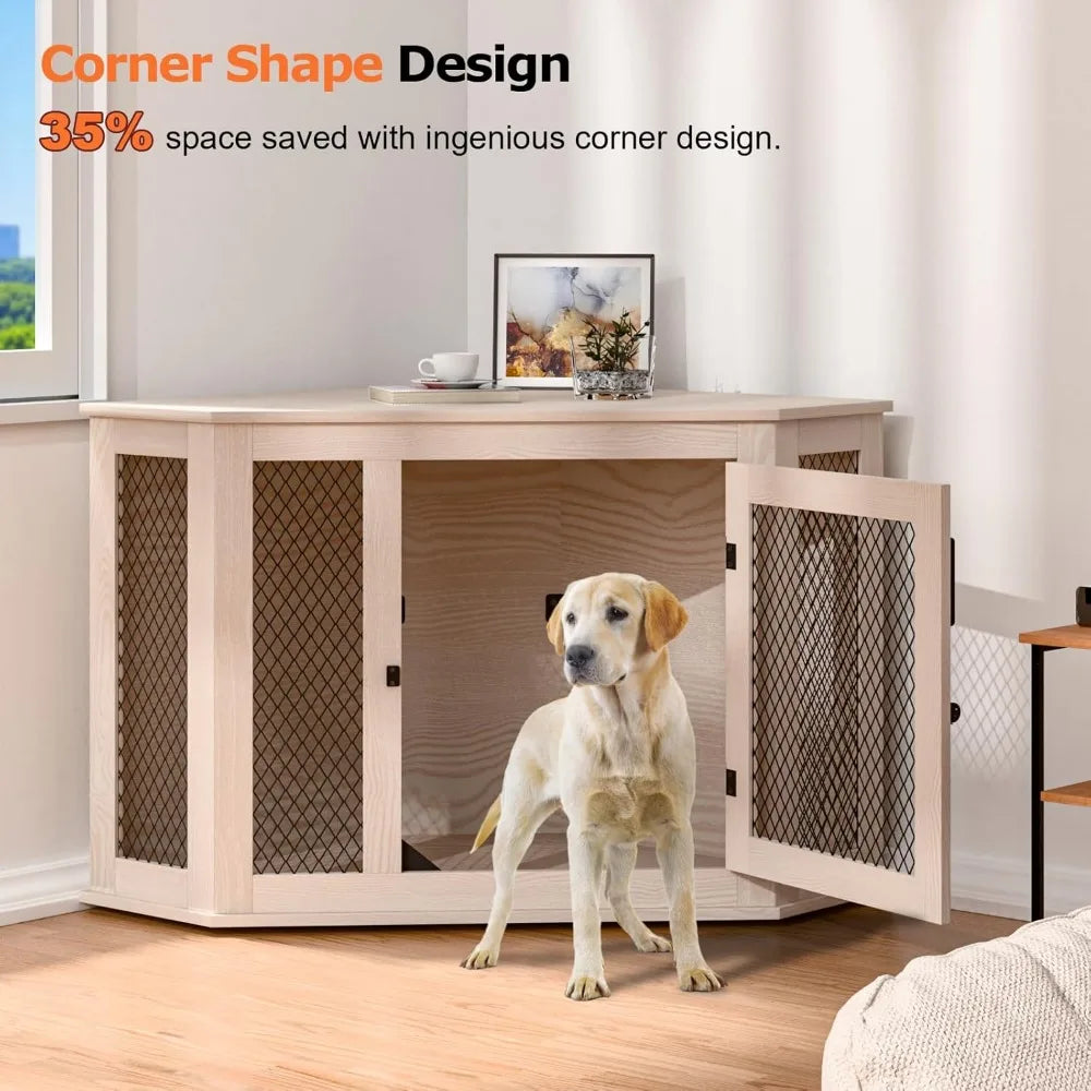 Corner Dog Crate Furniture, 52" Wooden Dog Kennel Furniture End Table with Mesh, Dog Kennel Indoor Furniture for Small Medium La