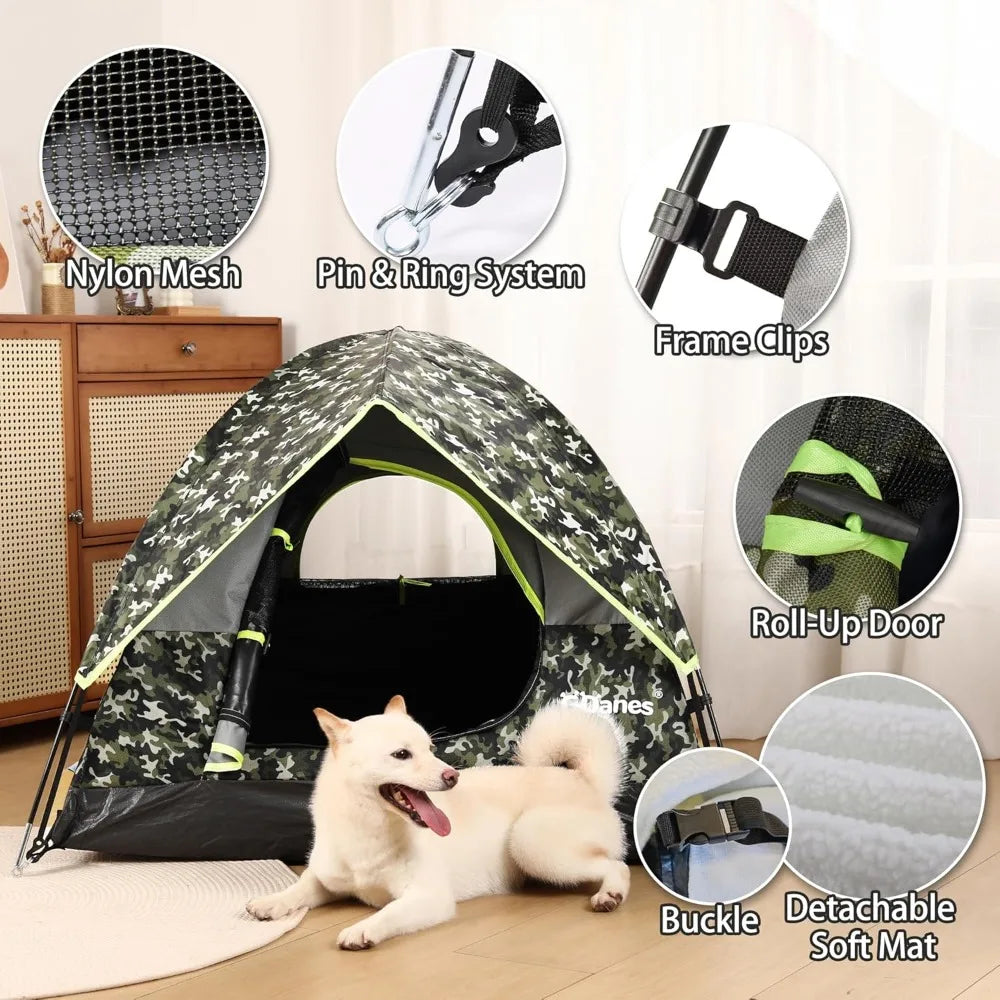 Camouflage Dog Tent House - Portable Indoor/Outdoor Dog Bed with Soft Pad for Large Dogs, 42 x 42 x 32 Inches