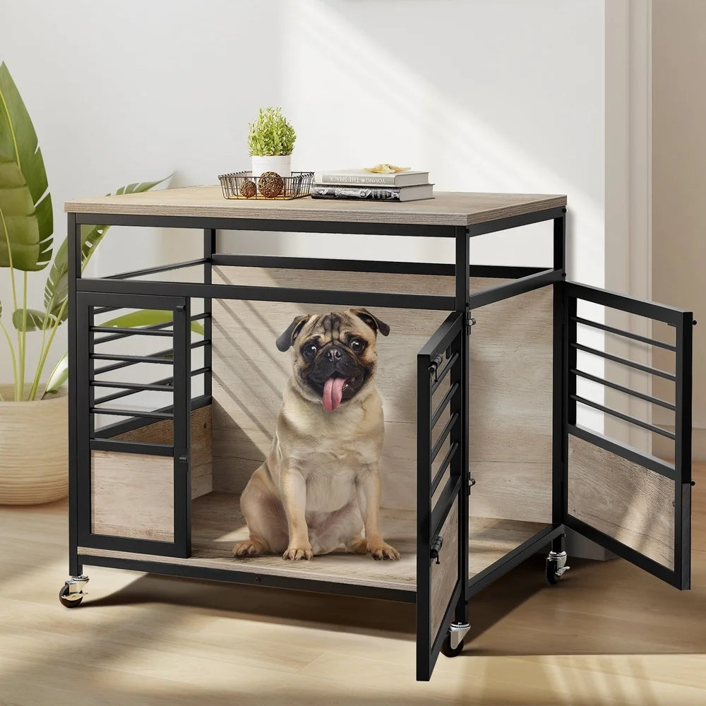 Large Wooden Dog Crate Furniture Two Door Heavy Duty Dog Kennel with Wheels Indoor Portable Pet House