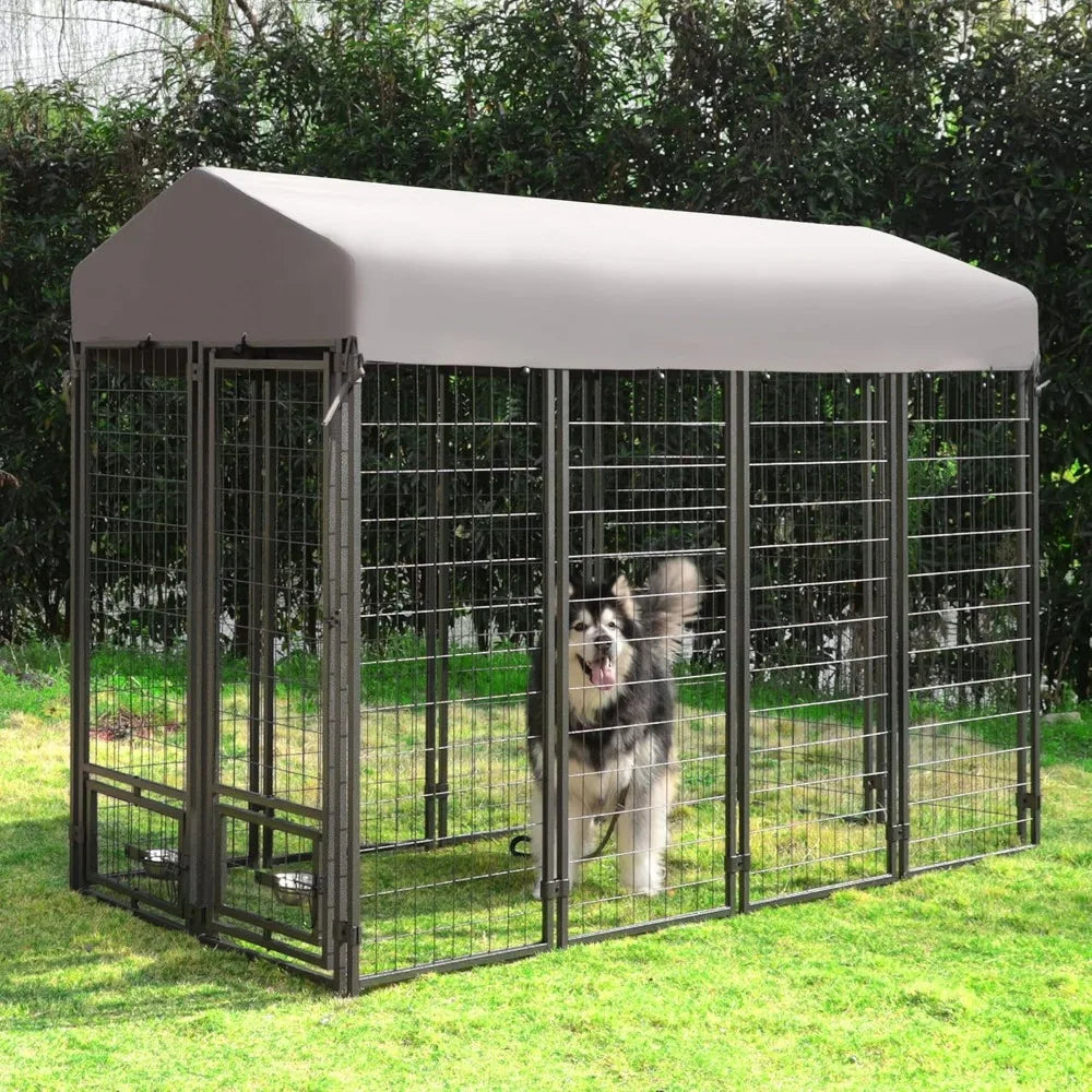 Dog Kennel Outdoor Indoor with Roof and Rotating Feeding Doors, Large Dog Enclosure Dog Playpen House Heavy Duty with Canopy, D