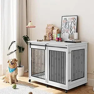 Large Dog Crate Furniture, 47" Wooden Dog Kennel with Sliding Barn Door, Flip-Top Lid & Wheels, Indoor Pet Crate Table with Det