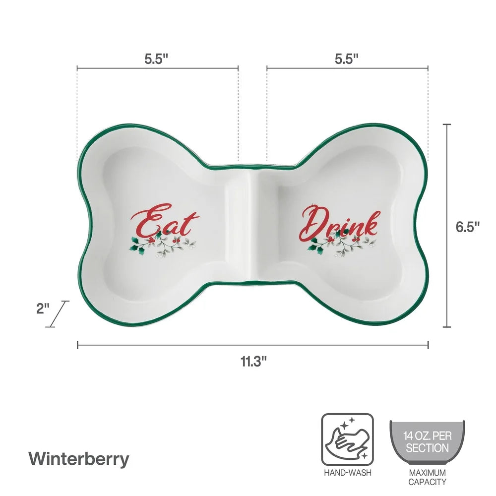 Winterberry Dolomite Divided Pet Bowl Festive Bone Design Dogs Eat Drink Compartments Durable Gift Box Easy Care 14oz Capacity