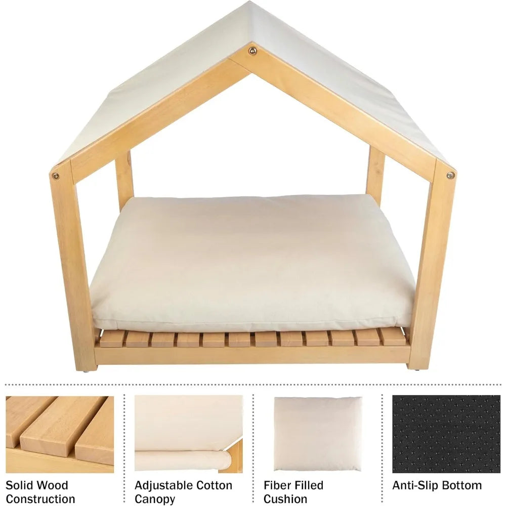 Dog House - 30x24-Inch Indoor Dog House with Soft Cushion and Adjustable Canopy - Wood Dog Furniture for Small to Medium Pets up