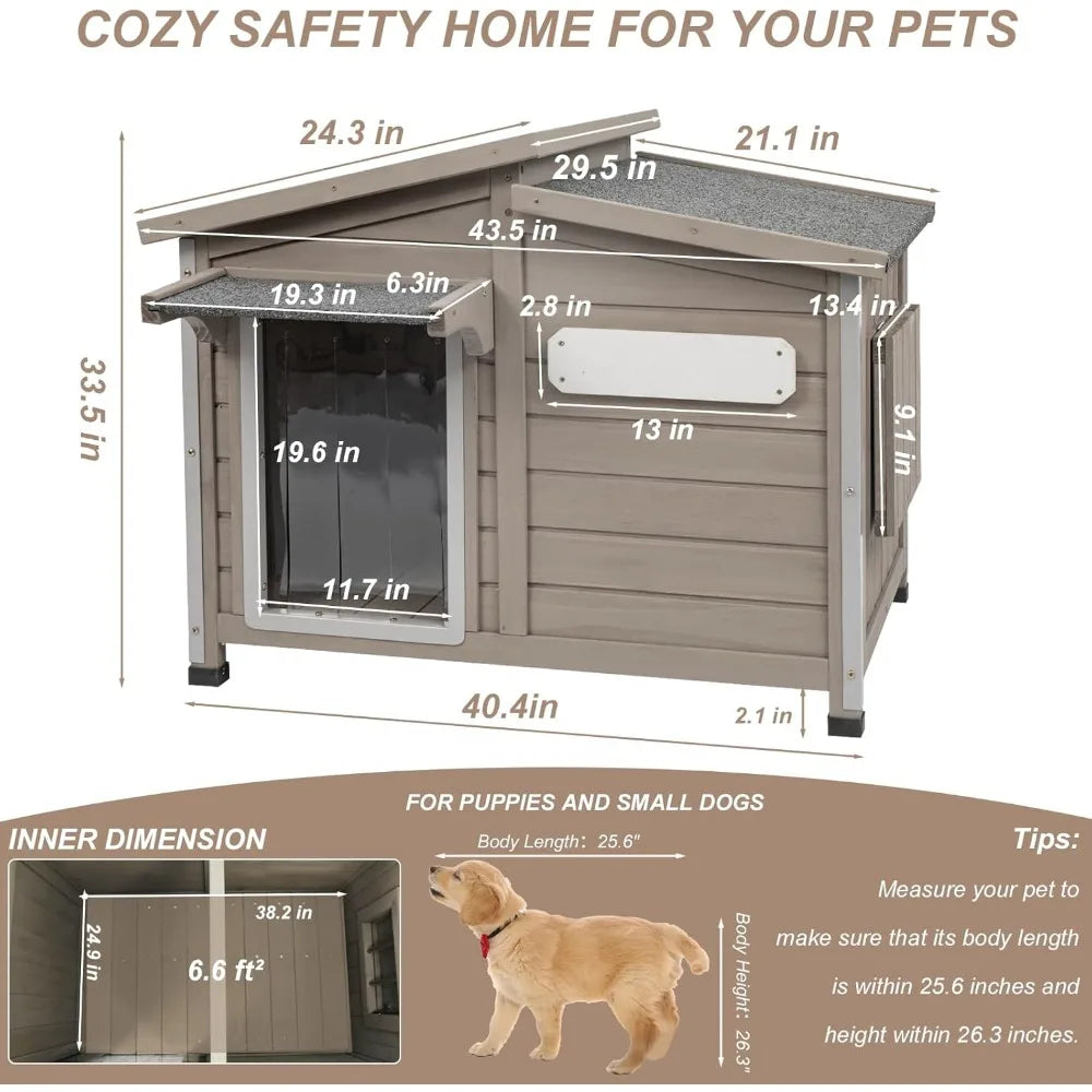 43" L Outdoor Extra Large Dog House with Removable Floor, Raised Feet, Anti-Chewing Iron Frame – Wooden Kennel with Asphalt Roof