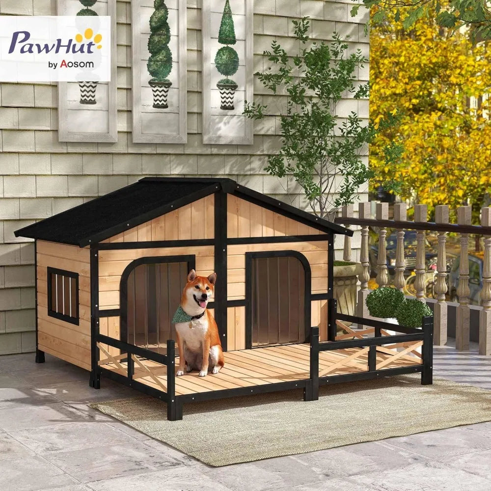 Wooden Large Dog House Outdoor Double XL Dog Kennel with Elevated Floor and Porch, Weatherproof Puppy Shelter for Small and Med