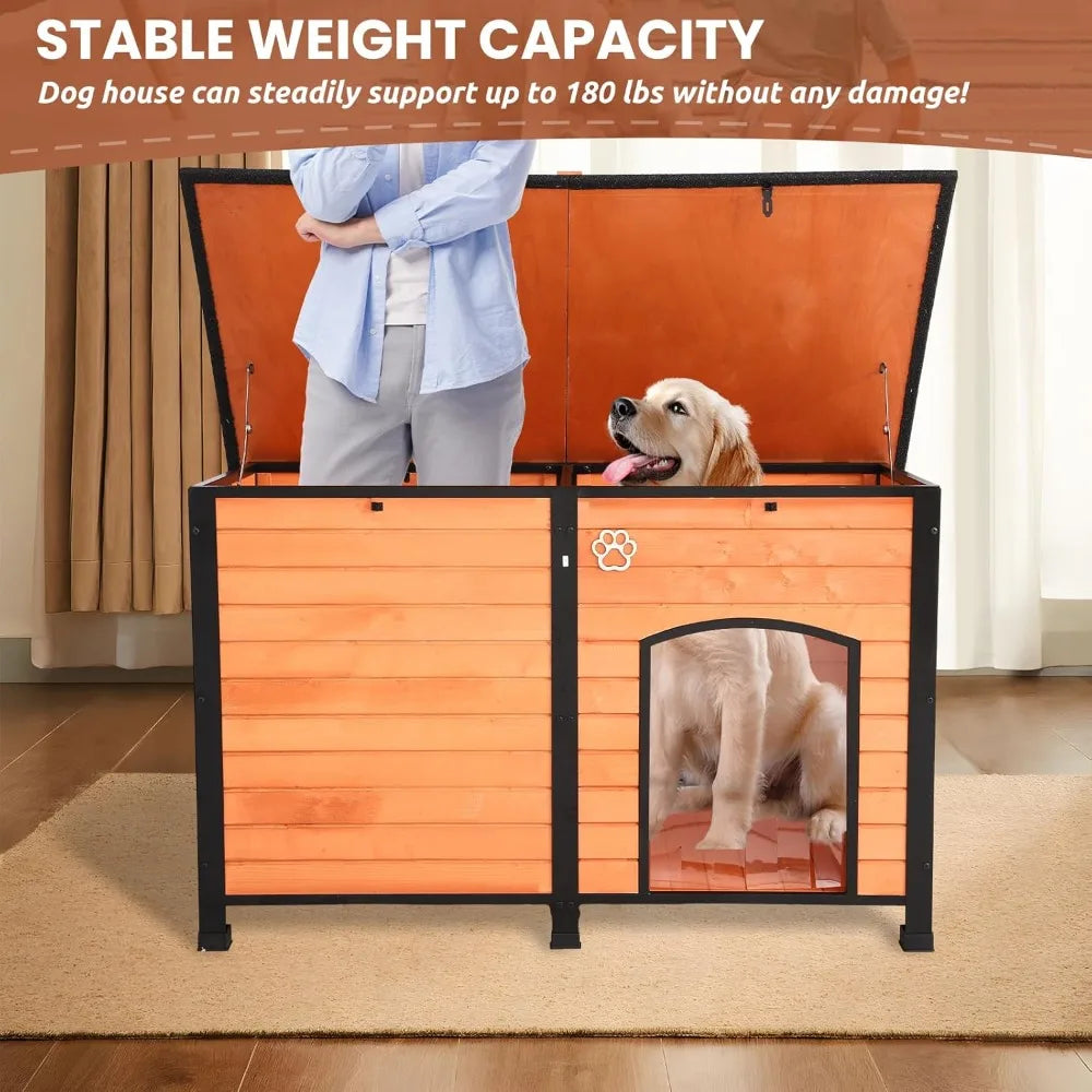 Outdoor Dog House, 55” Extra Large Wooden Dog House with Anti Bite Iron Frame Weatherproof Finish Outside Paw Print Dog House fo