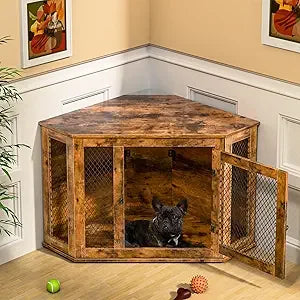 Corner Dog Crate Furniture, 52" Wooden Dog Kennel Furniture End Table with Mesh, Dog Kennel Indoor Furniture for Small Medium La
