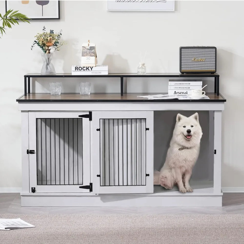 Large Dog Crate Furniture TV Stand, Wooden Pet Kennel with Double Doors, Indoor Furniture Style Dog House End Table, 1861 (Ligh