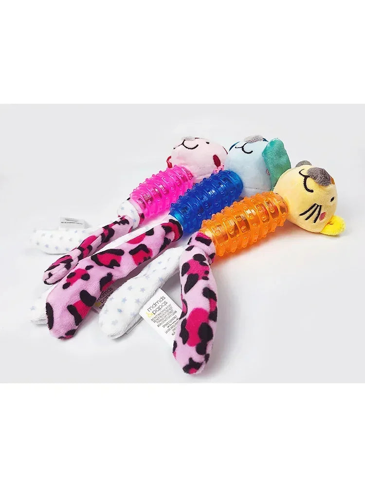 Dogs Toy with Rubber Body Molar Stick Cartoon Animal Shaped Doll Plush for Dogs Interactive Training Pet Doll Chew Toy Supplies