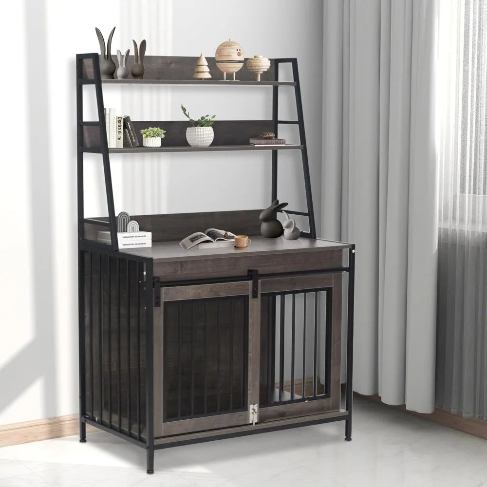 Dog Crate Indoor Furniture with Storage Shelves, 37 inch Wooden Dog Kennel with Double Sliding Doors, Heavy Duty Dog Cage